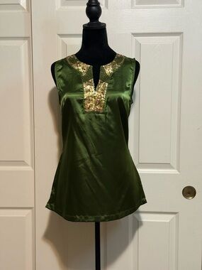 Apt. 9 Olive Green Satin Sleeveless Top with Gold Sequin Trim